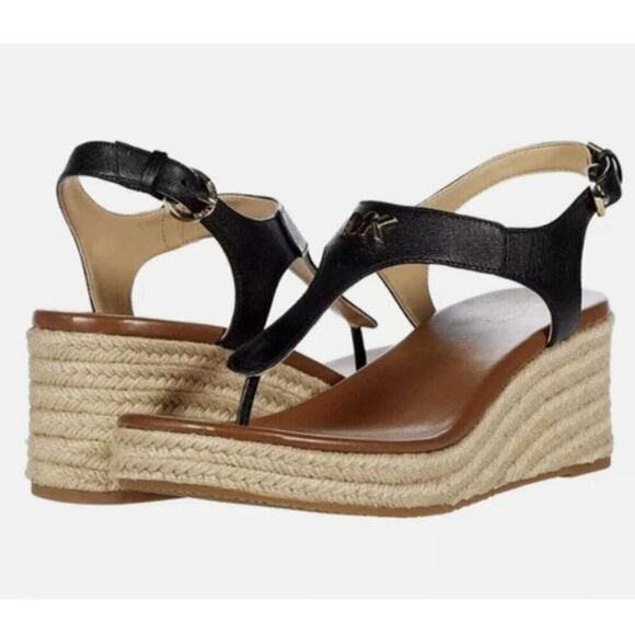 Michael Kors Laney Saffiano Leather Espadrille Wedge Sandals in Black (11) - Picture 1 of 14